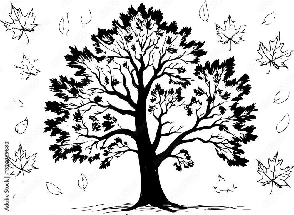 Obraz premium Autumn leaves falling forest illustration natural environment side view seasonal change