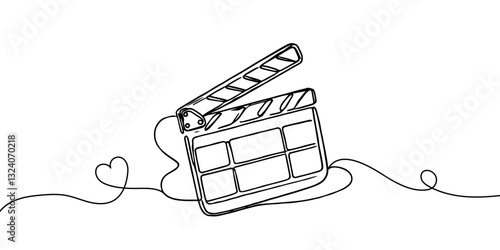 One continuous line drawing of clapper board. Action movie scene and retro video production concept in simple linear style. Outline editable stroke. Doodle vector illustration