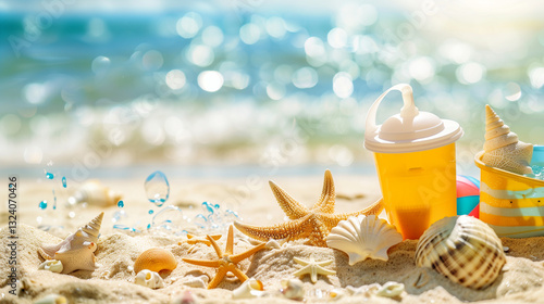 Perfect tropical beach landscape. Vacation holidays background. Side view of a relaxing green sea, beach scene, including a hat, sunglasses and sea stars .