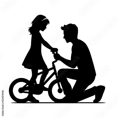 Family values – father teaching daughter to ride bike silhouette