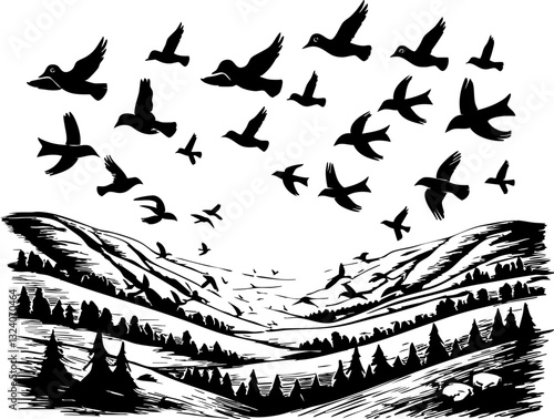 Flock of birds taking flight mountain landscape nature scene open air aerial view freedom in motion
