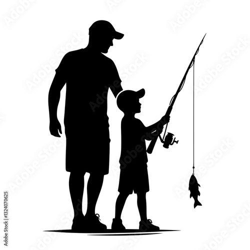 Family values – father teaching son to fish silhouette