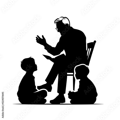 Family values – grandfather telling a story to grandchildren silhouette