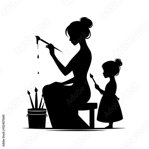 Family values – mother painting with daughter silhouette