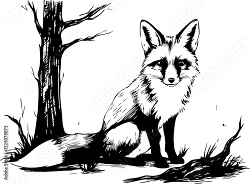 Fox observing its habitat forest clearing black and white illustration natural environment side view wildlife concept