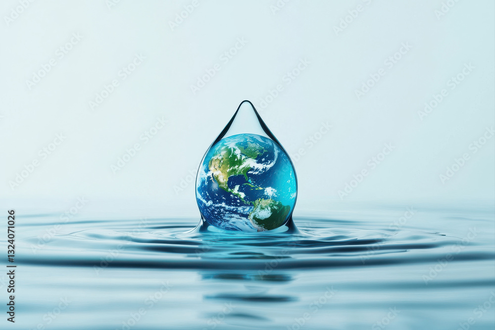 Fototapeta premium A droplet of water captures the Earth, symbolizing environmental awareness and care.