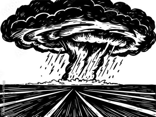 Catastrophic explosion event captured in dramatic illustration abstract style dark clouds landscape perspective