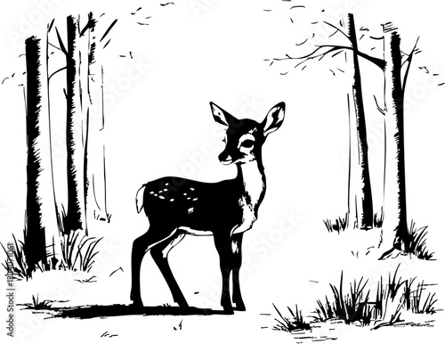 Fawn grazing among trees forest clearing wildlife photography tranquil nature side view serene environment for nature lovers