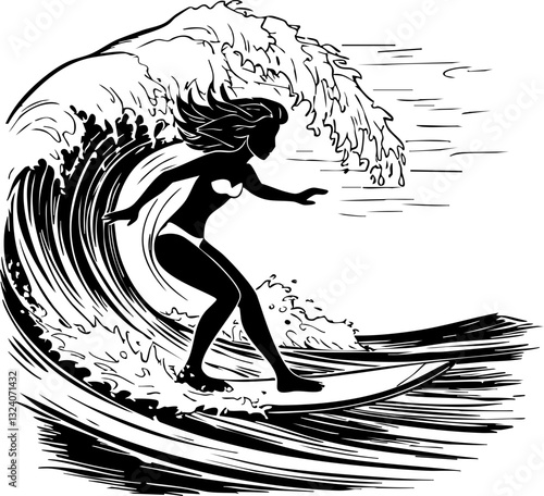 Surfing adventure female surfer riding waves beach illustration ocean side view empowerment in nature
