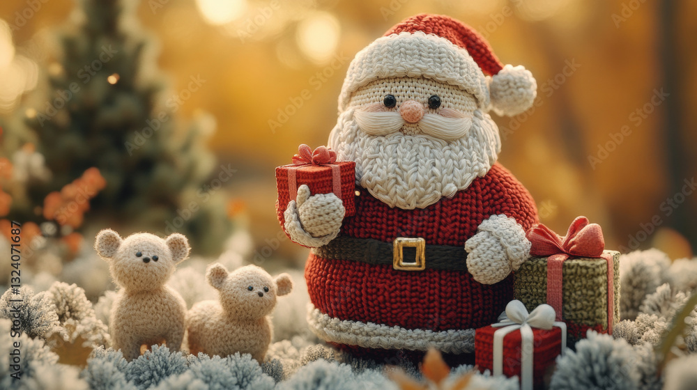 A cute knitted Santa Claus holding gifts, with a hand-knitted landscape. 3d illustration. A cute knitted Santa Claus holding gifts, with a hand-knitted landscape. 3d illustration.