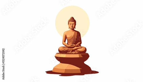Buddha statue meditating on pedestal with glowing halo