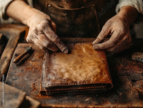 Leather crafting artisan working on a handmade wallet traditional tools vintage style rich textures warm tones detailed craftsmanship rustic workshop