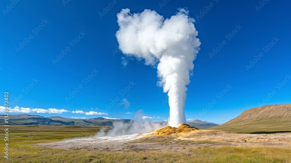Erupting Geyser in Scenic Landscape Under Clear Blue Sky Erupting Geyser in Scenic Landscape Under Clear Blue Sky