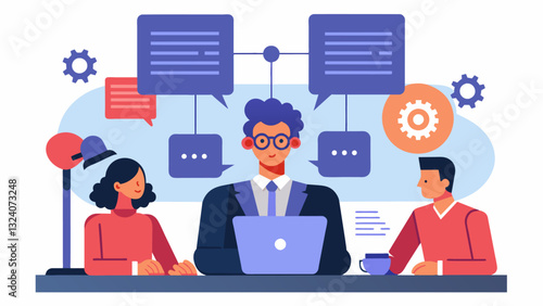 In an arbitration hearing an AI system equipped with natural language processing assists lawyers in identifying key points and evidence from a mountain of complex legal documents.. Vector illustration