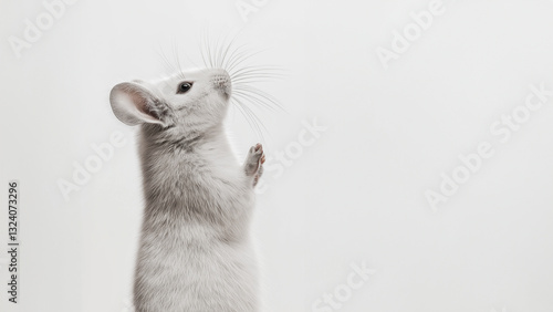 Niedliche weiße Chinchilla Maus steht aufrecht auf Hinterpfoten vor weißem Hintergrund im Studio photo