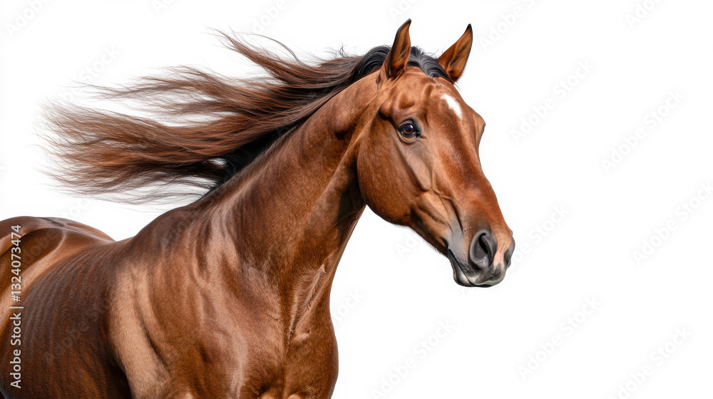 A majestic brown horse with flowing mane displayed against a white background. isolated on white background. A majestic brown horse with flowing mane displayed against a white background. isolated on white background.