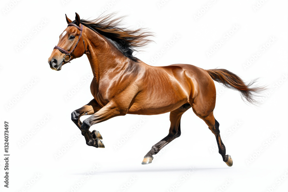 A majestic brown horse running gracefully with flowing mane against a white background. isolated on white background. A majestic brown horse running gracefully with flowing mane against a white background. isolated on white background.