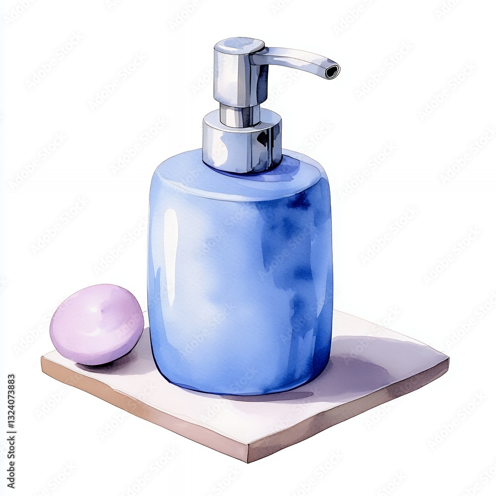 Obraz premium Blue Soap Dispenser and Lavender Soap Watercolor Illustration