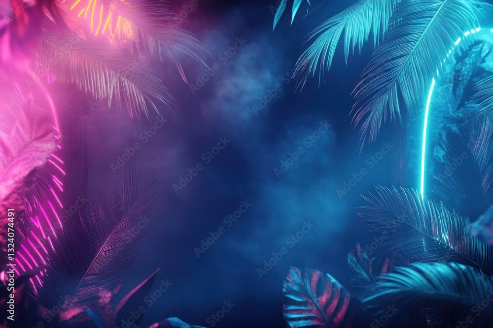 Fototapeta premium Vibrant neon-lit tropical scene with lush palm leaves, misty background, creating an immersive atmosphere ideal for nightlife themes