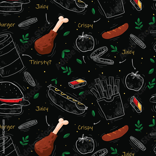 Fast Food seamless pattern in Hand Drawn Doodle Style with sketh Objects on Junk kitchen Theme with lettering. Chalkboard Design. Vector illustration.