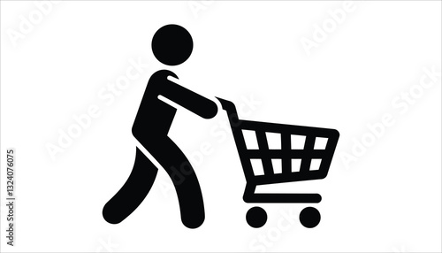 Shopping Cart Vector.  Customer Pushing Trolley Icon for Retail and Grocery Store.