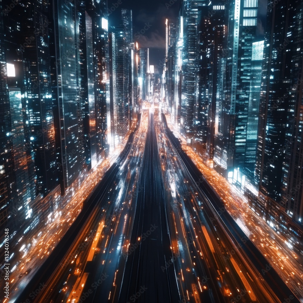 Obraz premium Futuristic city streets at night, glowing with vibrant orange and blue lights. Elevated perspective showcasing towering skyscrapers and busy traffic