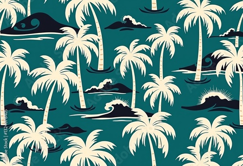 Dive into vintage style with our retro surf pattern, showcasing palm trees and ocean waves in refreshing teal, white, and navy blue, reminiscent of 1960s surf culture.


