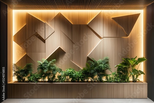 minimalist interior wall featuring geometric wood paneling with integrated planters holding cascading ferns and philodendrons, soft ambient lighting creating depth against neutral tones