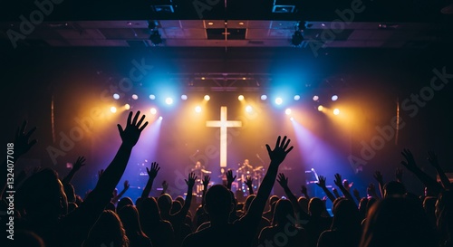 Church worship with raised hands and cross on stage. Religious, spiritual design perfect for faith, church, or concert themes.