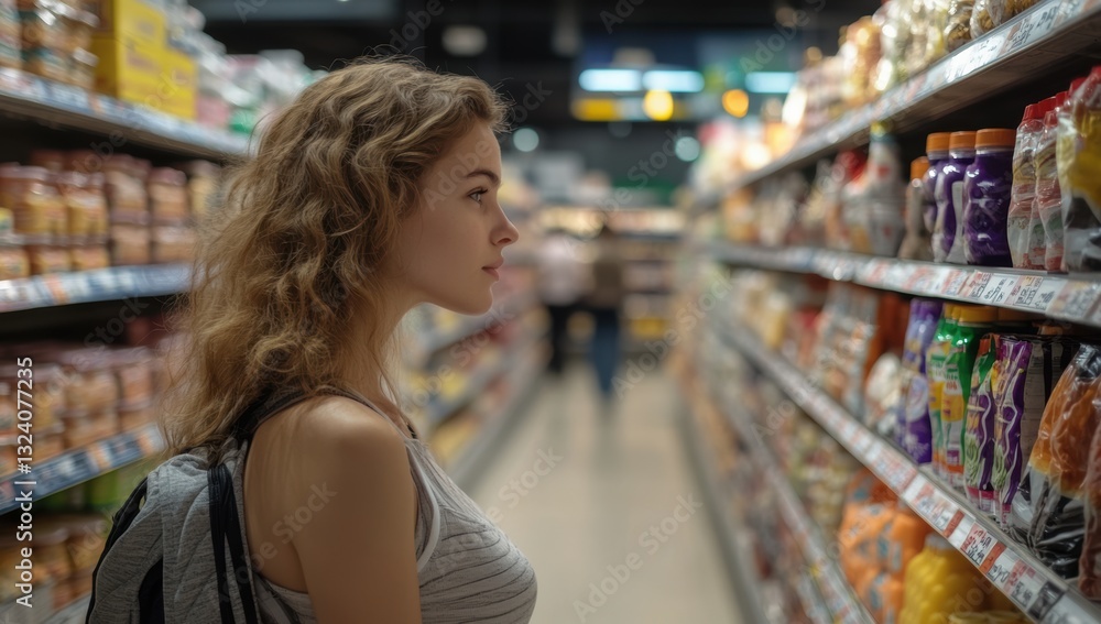Young woman shopping in a supermarket focused on fresh produce shelf with food items grocery store consumerism healthy lifestyle and retail environment concept Young woman shopping in a supermarket focused on fresh produce shelf with food items grocery store consumerism healthy lifestyle and retail environment concept