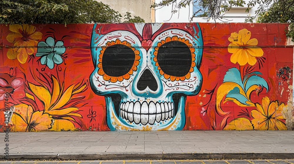 Fototapeta premium A vibrant mural featuring a decorative skull surrounded by colorful flowers, embodying cultural celebration and artistic expression.