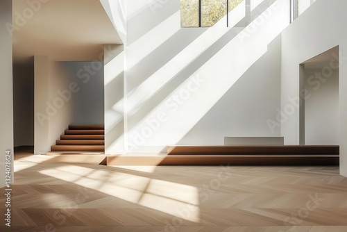 minimalist luxury interior with warm wooden herringbone flooring, soaring white walls bathed in natural light from hidden skylights, creating dramatic shadows and a sense of expansive serenity