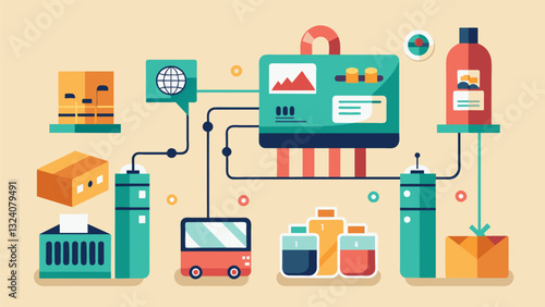 From the raw materials entering the factory to the finished products being packaged every step in the production process is closely monitored and optimized through data collection. Vector illustration