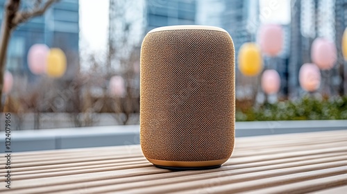 Gold Textured Speaker on Wooden Bench Outdoors