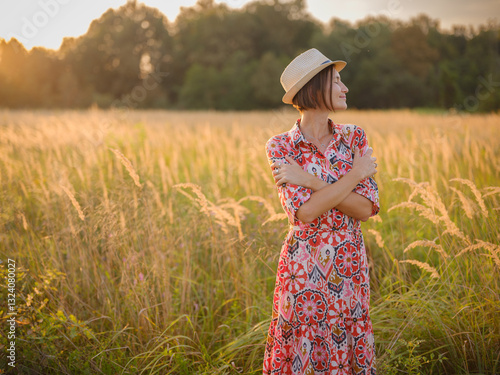 young woman embracing herself, self-love in action, mental health advocate, practicing self-care for finding inner peace, in European countryside