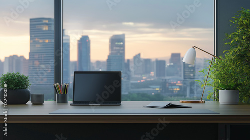 Blurred Cityscape Backdrop Adds to the Serenity of a Sunlit Minimalist Desk, Capturing Simplicity and Concentration in Today's Modern Office