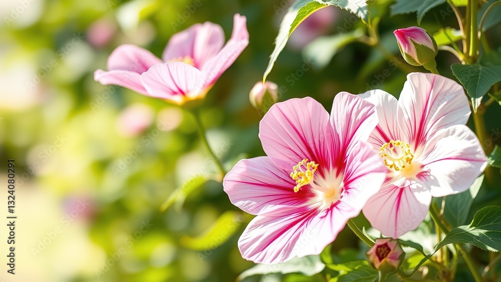 Fototapeta premium Morning Dew on Ipomoea Flowers, Natural Beauty, Blank Space for Design
