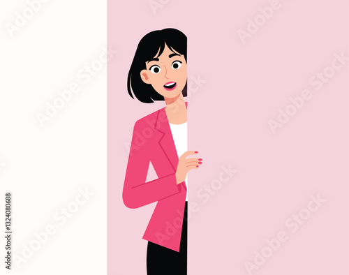Businesswoman say hi standing behind a wall while peeking with curiosity, startled, shocked, Surprised, peeping, listening, illustration.