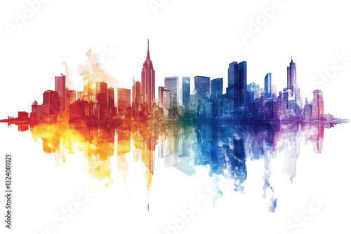Vibrant sunset skyline of New York City reflected on calm waters creating a colorful urban symphony isolated on transparent background