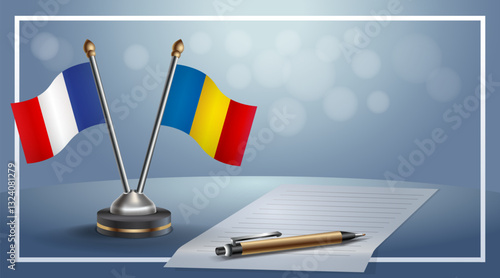 France and Romania National flags on small table with bokeh background, cooperative relationship. Template vector Illustration