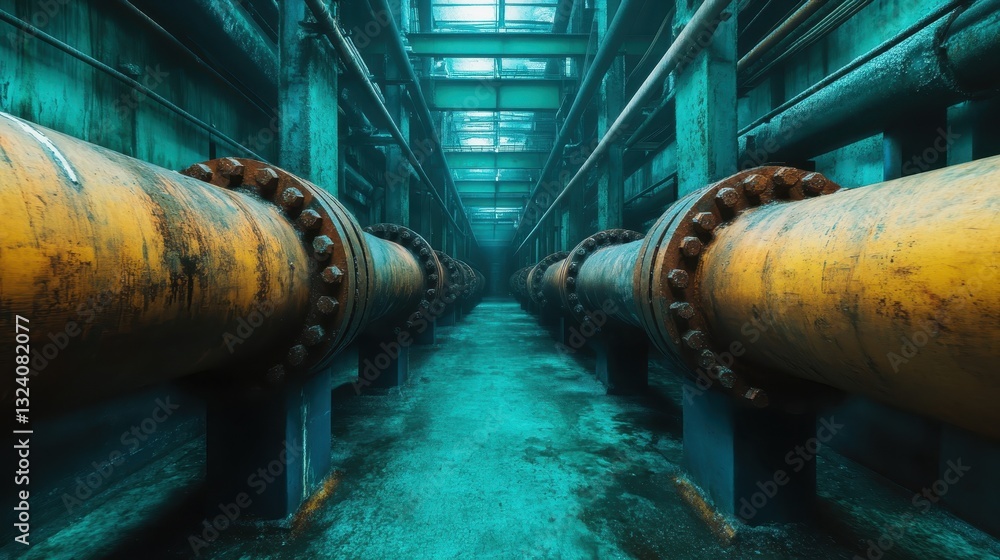 An atmospheric view of rusty industrial pipes in a dark, abandoned area, highlighting decay, neglect, and the passage of time within industrial environments. An atmospheric view of rusty industrial pipes in a dark, abandoned area, highlighting decay, neglect, and the passage of time within industrial environments.