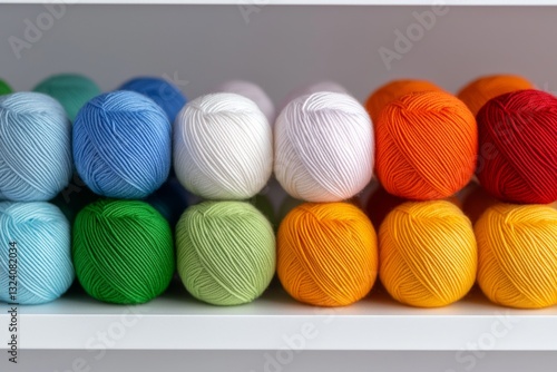 Colorful yarn balls neatly arranged on a shelf, showcasing vibrant hues photo