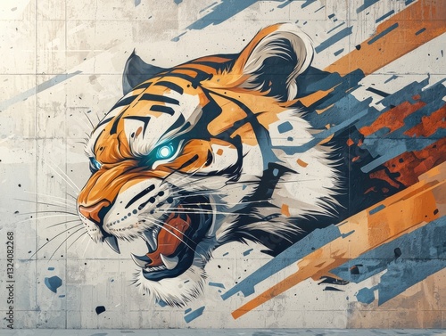 A vibrant mural depicting a roaring tiger with striking orange and blue accents against a textured background.