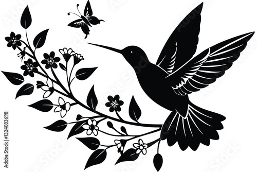 hummingbird silhouette, bird with flower, hovering bird art, hummingbird vector, bird flower silhouette, hummingbird near flower, bird silhouette vector, hummingbird clipart