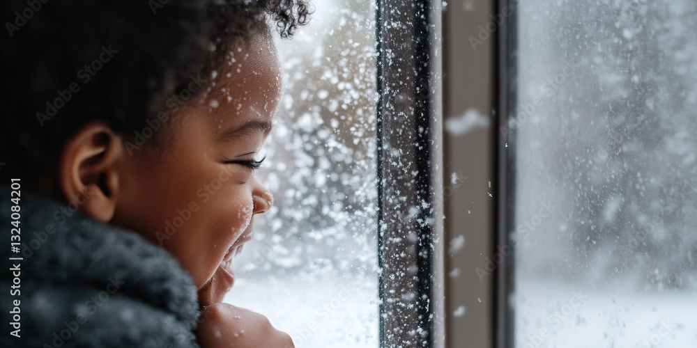 Fototapeta premium Child Observing Snowfall Through Window