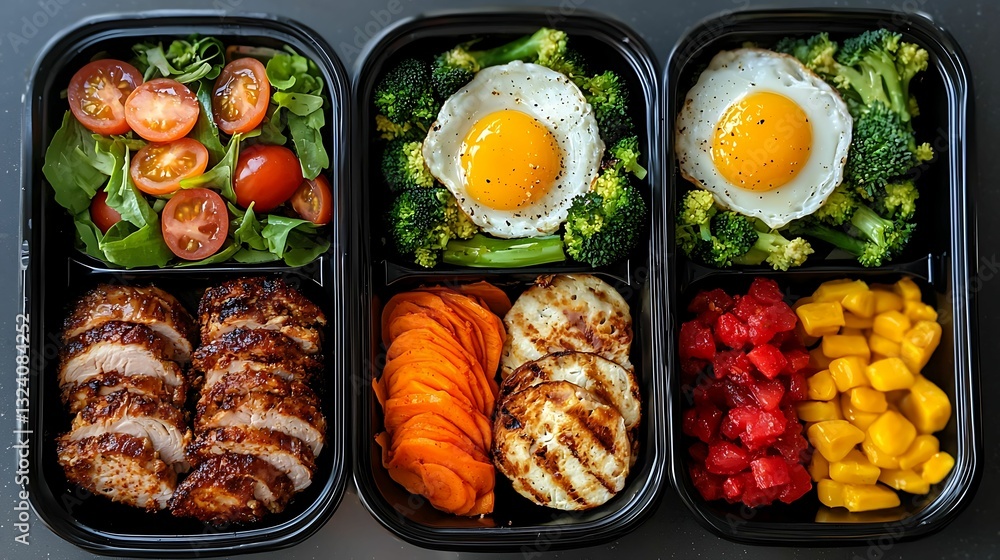 A colorful meal prep featuring grilled chicken, fresh vegetables, fruits, and eggs arranged neatly in three containers. A colorful meal prep featuring grilled chicken, fresh vegetables, fruits, and eggs arranged neatly in three containers.