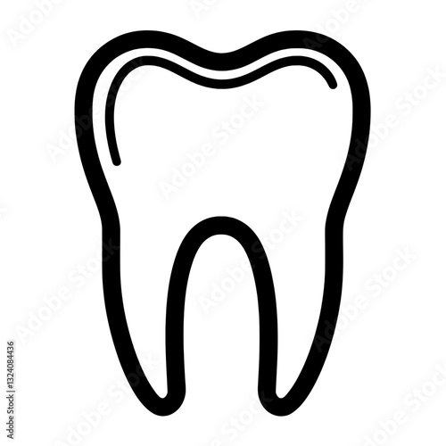 Black and white outlined tooth icon, representing dental care, oral health, dentistry services, tooth hygiene, and orthodontic treatments.