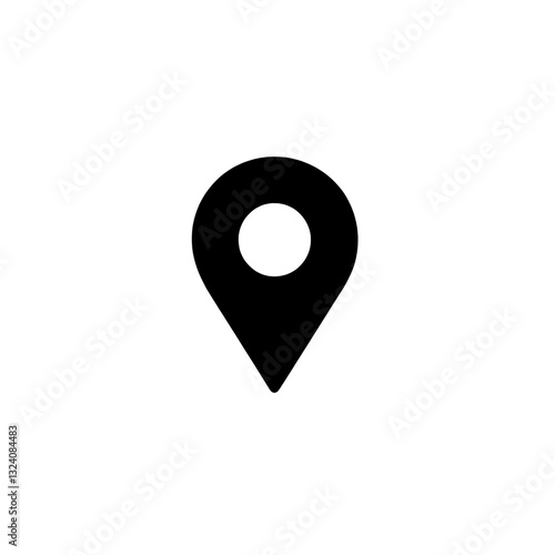 Black and white solid location pin icon, symbolizing place identification, global navigation, GPS tracking, and geographic positioning systems.