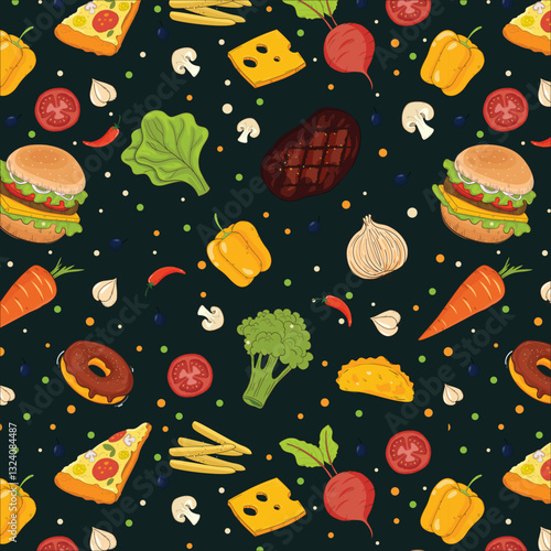 Fast food vector seamless pattern. Fastfood elements background. Hand drawn outline repeat illustration with hot dog, fries, cheeseburger, taco, pizza.