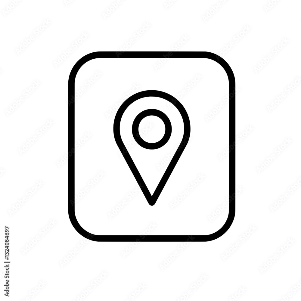 Black and white location pin icon within a square, representing geotagging, map navigation, GPS tracking, and travel destinations. Black and white location pin icon within a square, representing geotagging, map navigation, GPS tracking, and travel destinations.